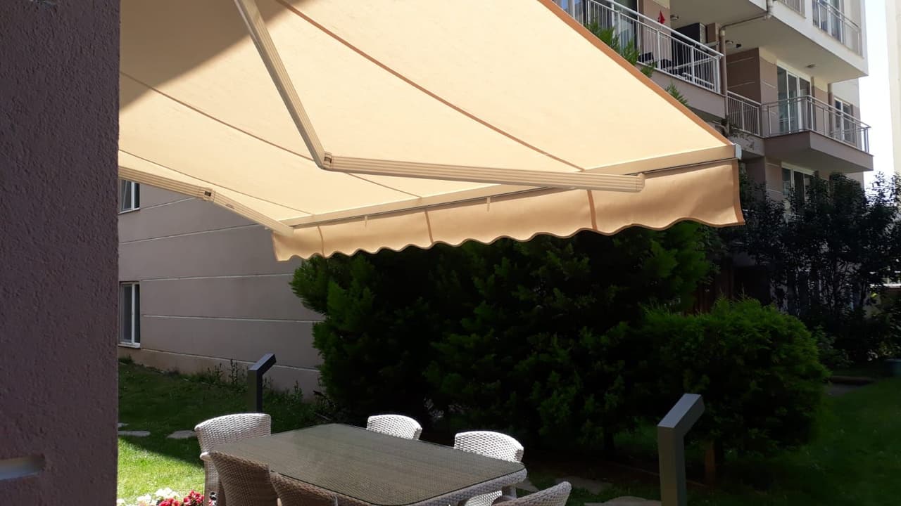 Classic awning over a garden patio