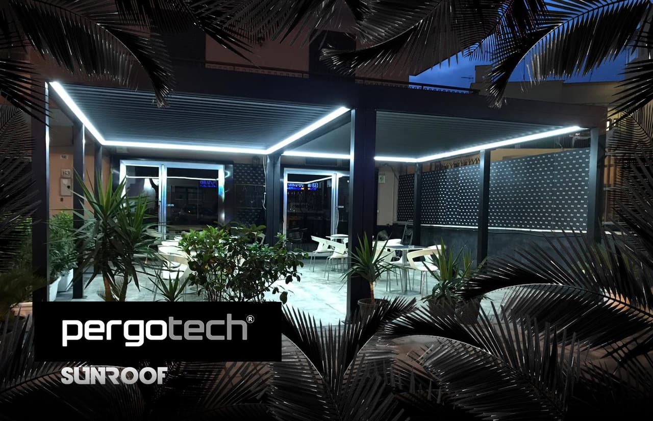 SUNROOF bioclimatic pergola with LED lighting at night