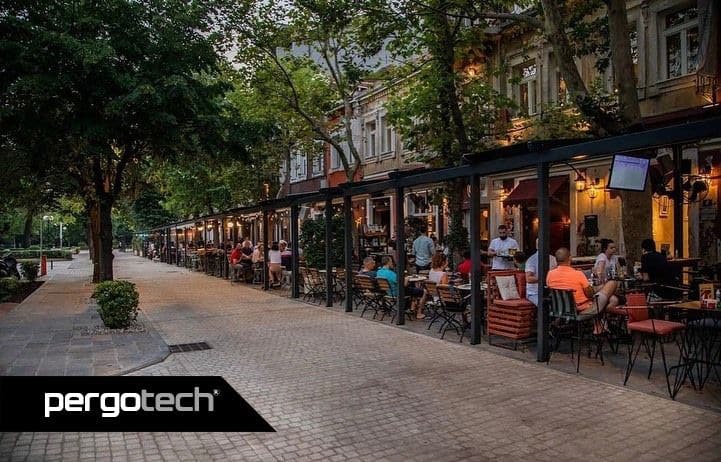 Street cafés lined with retractable roofs